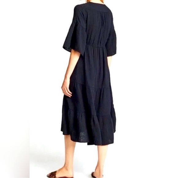 Xirena Tired Kendall Black Crinkle Gauze Midi Dress Size Small Button Front - Picture 3 of 10